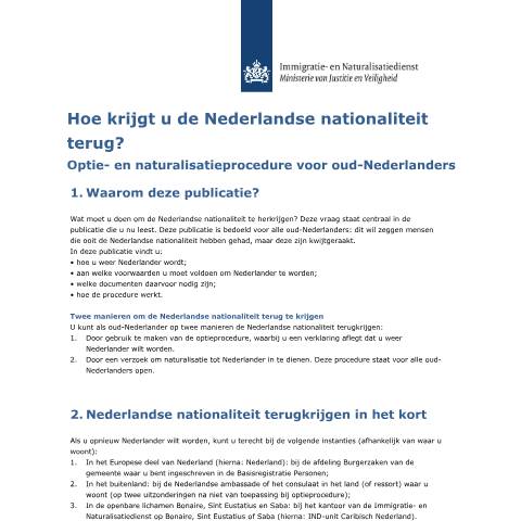 Documentvoorvertoning: Hoe krijgt u de Nederlandse nationaliteit terug? — IND — immigratie, Nederland (CERFA n°5074)