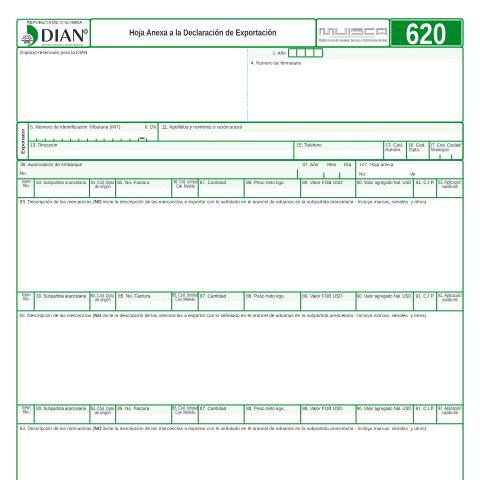 Vista previa del documento Hoja anexa a la Declaración de Exportación — Año 2014, Colombia (CERFA n°F620-2014)