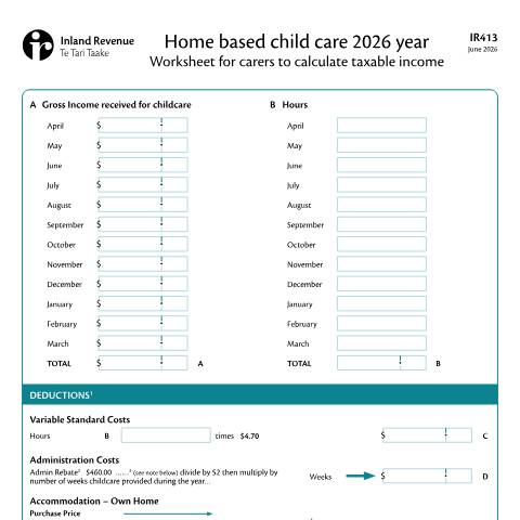 Document preview: Home-based childcare worksheet — Other, New Zealand (CERFA n°IR413)
