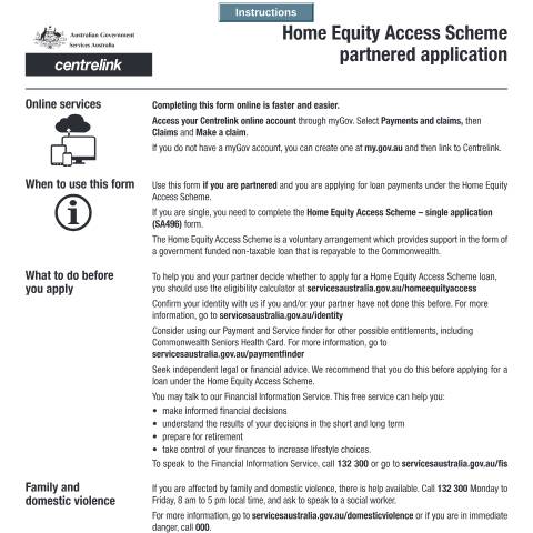 Document preview: Home Equity Access Scheme partnered application — Services Australia — Individuals (by code), Australia (CERFA n°SA310)