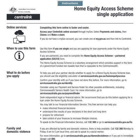 Document preview: Home Equity Access Scheme single application — Services Australia — Individuals (by code), Australia (CERFA n°SA496)