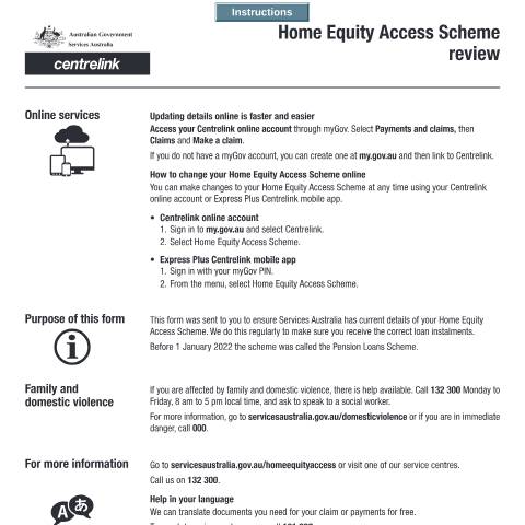 Document preview: Home Equity Access Scheme review — Services Australia — Individuals (by code), Australia (CERFA n°SA498)