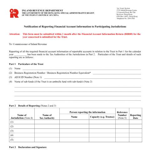 Document preview: Notification of Reporting Financial Account Information to Participating Jurisdictions — Automatic Exchange of Financial Account Information, Hong Kong SAR China (CERFA n°IR 1463)