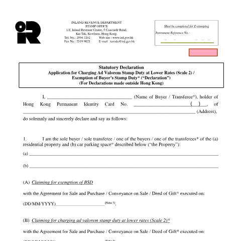 Document preview: Statutory Declaration - Application for Charging Ad Valorem Stamp Duty at Lower Rates (Scale 2) / Exemption of Buyer’s Stamp Duty(For Declarations made outside Hong Kong) — Stamp Duty, Hong Kong SAR China (CERFA n°IRSD 131A(E))