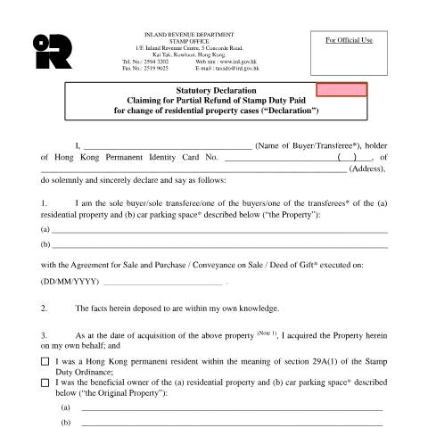 Document preview: Statutory Declaration - Claiming for Partial Refund of Stamp Duty Paid for change of residential property cases — Stamp Duty, Hong Kong SAR China (CERFA n°IRSD 131C(E))