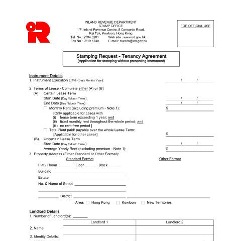 Document preview: Stamping Request - Tenancy Agreement (for application from 2 August 2004 onwards) — Stamp Duty, Hong Kong SAR China (CERFA n°IRSD 111(E))