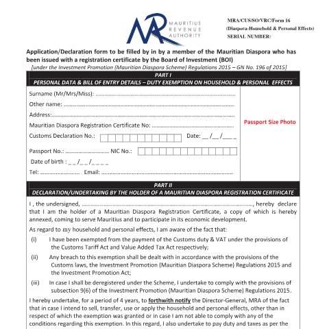 Document preview: Household and Personal Effects — Document, Mauritius (CERFA n°DiasporaCertificateHouseholdandPersonalEffects)