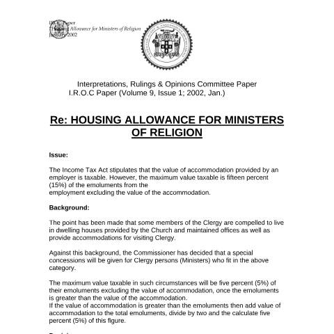 Document preview: 2002.IROC.IT - Housing Allowances for Ministers of Religion — Document, Jamaica (CERFA n°2002.iroc.it+-+housing+allowances+for+ministers+of+religion)