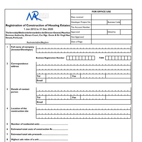 Document preview: Housing Estate Registration — Document, Mauritius (CERFA n°Construction)