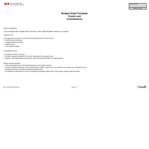 Document preview: Budget Detail Template Grants and Contributions — Housing, Infrastructure Communities Canada (HICC), Canada (CERFA n°HIC5569)