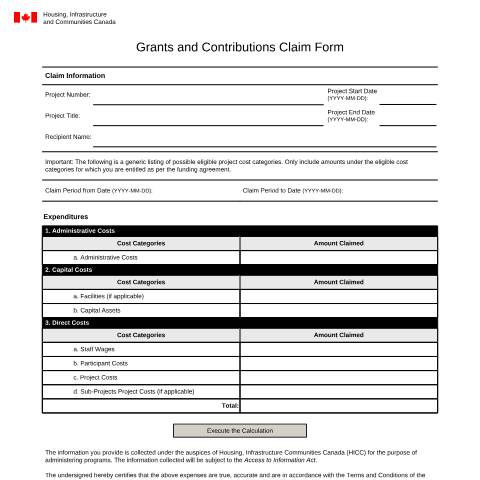 Document preview: Claim Form - Housing, Infrastructure Communities Canada — Housing, Infrastructure Communities Canada (HICC), Canada (CERFA n°HIC5539)