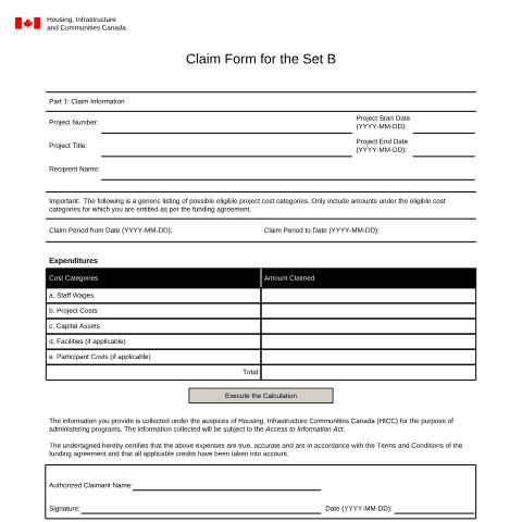 Document preview: Claim Form — Housing, Infrastructure Communities Canada (HICC), Canada (CERFA n°HIC5541)