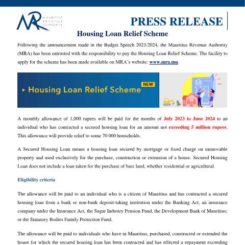 Document preview: Housing Loan Relief Scheme (24.08.23) — Document, Mauritius (CERFA n°PressReleaseHLRC240823)