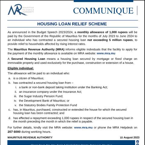 Document preview: Housing Loan Relief Scheme (22.08.23) — Document, Mauritius (CERFA n°HousingLoan220823)