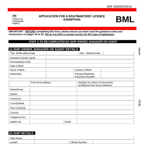 Document preview: How to apply for an exemption of a Boatmasters' Licence — Maritime and Coastguard Agency, United Kingdom