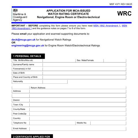 Document preview: How to apply for a watch rating certificate — Maritime and Coastguard Agency, United Kingdom