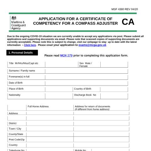 Document preview: How to apply for a compass adjuster certificate of competency — Maritime and Coastguard Agency, United Kingdom