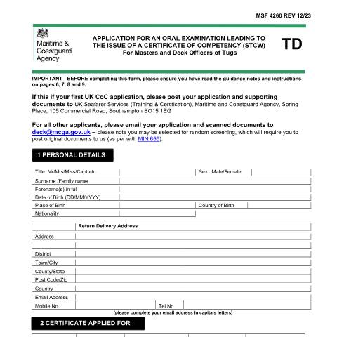 Document preview: How to apply for a deck tug certificate of competency — Maritime and Coastguard Agency, United Kingdom