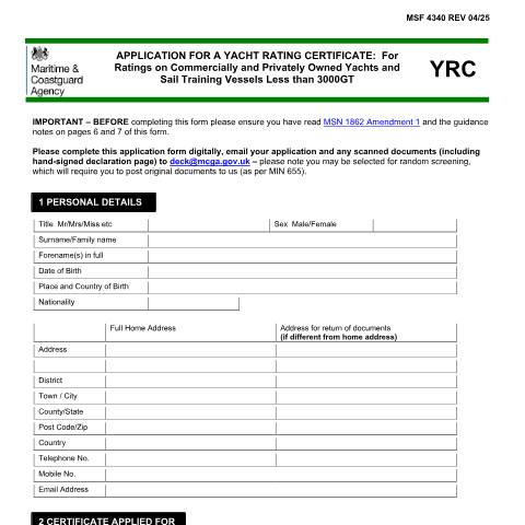 Document preview: How to apply for a yacht rating certificate — Maritime and Coastguard Agency, United Kingdom