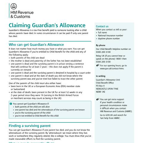 Document preview: Claim Guardian's Allowance — HM Revenue & Customs, United Kingdom