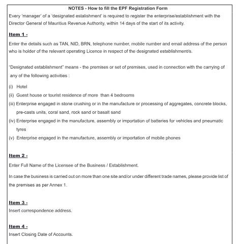 Document preview: Notes - How to fill the EPF Registration Form — Form, Mauritius (CERFA n°NotesEPF2025)