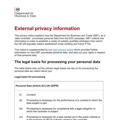 Document preview: FTA arbitration panel appointments: how to express interest — Department for Business and Trade, United Kingdom