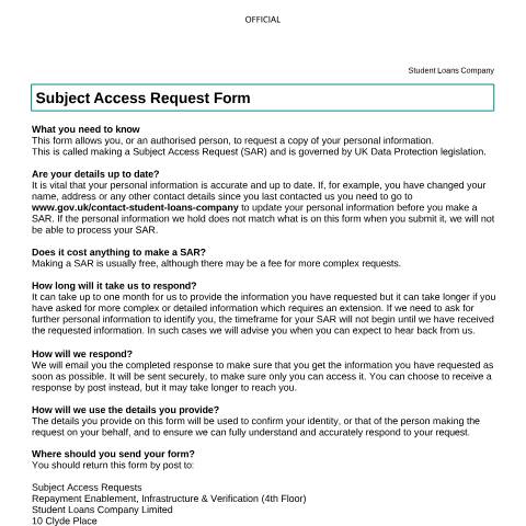 Document preview: Make a  Subject Access Request to the Student Loans Company (SLC) — Student Loans Company, United Kingdom