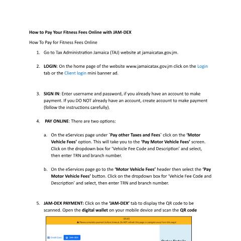 Document preview: How to Pay Fitness Fee with JAM-DEX — Guide, Jamaica (CERFA n°how-to-pay-fitness-fee-online-jamdex-042025)