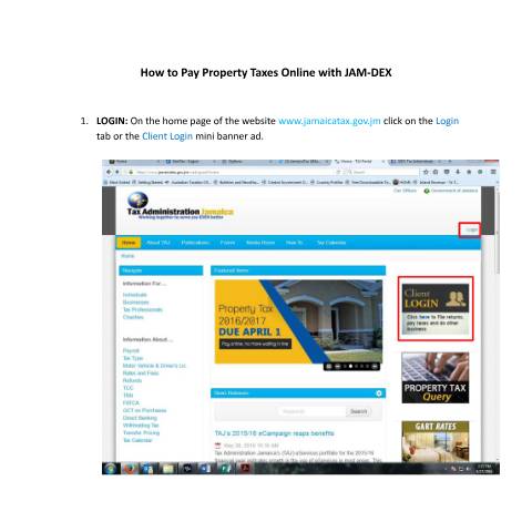 Document preview: How To Pay Property Tax with JAM-DEX — Guide, Jamaica (CERFA n°How+to+Pay+Property+Taxes+Online+with+JAM-DEX+(1))