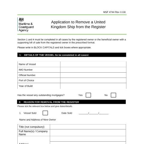 Document preview: How to remove a British ship from the UK register, MSF 4744 — Maritime and Coastguard Agency, United Kingdom