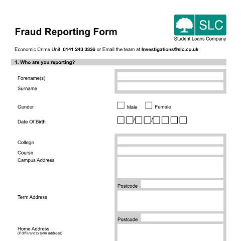 Document preview: How to report suspected fraud to the Student Loans Company — Student Loans Company, United Kingdom