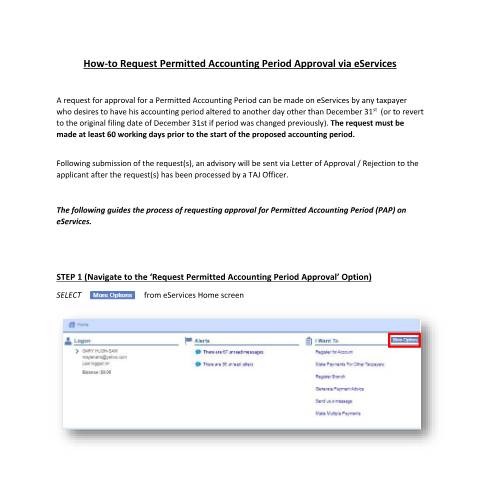 Document preview: How to Request Permitted Account period on eServices — Guide, Jamaica (CERFA n°Guide_Permitted_Accounting_Period_Request_082021)