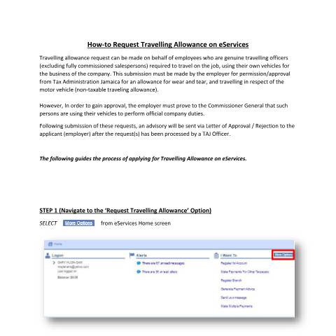 Document preview: How to Request Travelling Allowance on eServices — Guide, Jamaica (CERFA n°Guide-+Request+Travelling+Allowance+on+eServices)