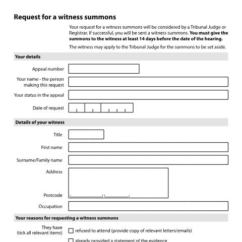 Document preview: Request a witness summons: Form SEND30 — HM Courts & Tribunals Service, United Kingdom