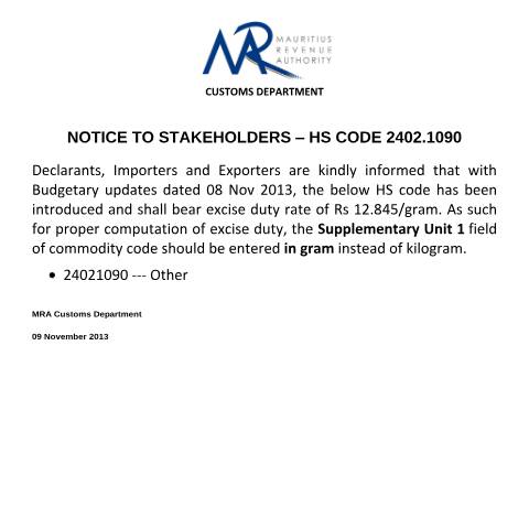 Document preview: HS 2402 (09.11.13) — Document, Mauritius (CERFA n°NOTICE-HS2402)