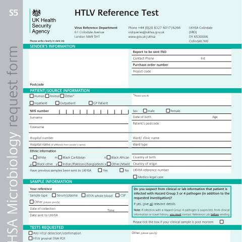 Document preview: HTLV reference test referral form — UK Health Security Agency, United Kingdom