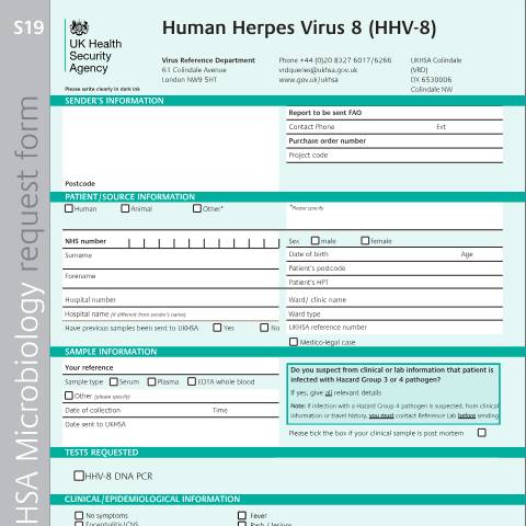 Document preview: Human herpesvirus 8 (HHV-8): referral form — UK Health Security Agency, United Kingdom