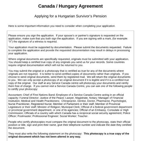 Document preview: Hungary/Canada Agreement - Application for a Hungarian Survivor's Pension — Income Security Programs, Canada (CERFA n°CA_HU_1_2)