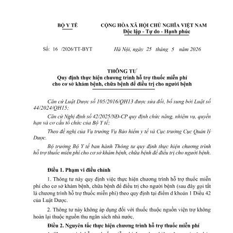 Document preview: Thông tư số 16/2026/TT-BYT của Bộ Y tế: Quy định thực hiện chương trình hỗ trợ thuốc miễn phí cho cơ sở khám bệnh, chữa bệnh để điều trị cho người bệnh — Phí, lệ phí / Fees, Việt Nam (CERFA n°16/2026/TT-BYT)