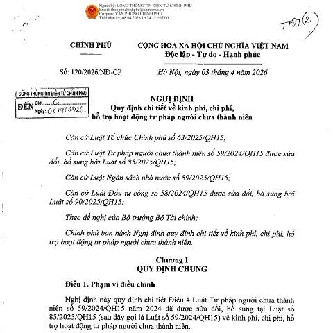 Document preview: Nghị định số 120/2026/NĐ-CP của Chính phủ: Quy định chi tiết về kinh phí, chi phí, hỗ trợ hoạt động tư pháp người chưa thành niên — Phí, lệ phí / Fees, Việt Nam (CERFA n°120/2026/NĐ-CP)