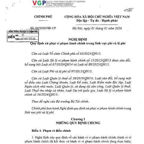 Document preview: Nghị định số 02/2026/NĐ-CP của Chính phủ: Quy định xử phạt vi phạm hành chính trong lĩnh vực phí và lệ phí — Phí, lệ phí / Fees, Việt Nam (CERFA n°02/2026/NĐ-CP)