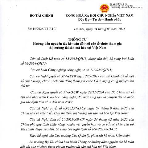 Document preview: Thông tư số 15/2026/TT-BTC của Bộ Tài chính: Hướng dẫn nguyên tắc kế toán đối với các tổ chức tham gia thị trường tài sản mã hóa tại Việt Nam — Kế toán / Accounting, Việt Nam (CERFA n°15/2026/TT-BTC)