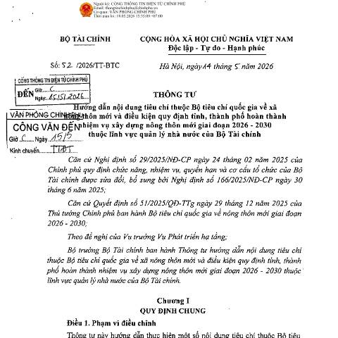 Document preview: Thông tư số 52/2026/TT-BTC của Bộ Tài chính: Hướng dẫn nội dung tiêu chí thuộc Bộ tiêu chí quốc gia về xã nông thôn mới và điều kiện quy định tỉnh, thành phố hoàn thành nhiệm vụ xây dựng nông thôn mới giai đoạn 2026-2030 thuộc lĩnh vực quản lý nhà nước của Bộ Tài chính — Thuế / Tax, Việt Nam (CERFA n°52/2026/TT-BTC)