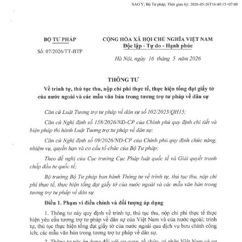 Document preview: Thông tư số 07/2026/TT-BTP của Bộ Tư pháp: Về trình tự, thủ tục thu, nộp chi phí thực tế, thực hiện tống đạt giấy tờ của nước ngoài và các mẫu văn bản trong tương trợ tư pháp về dân sự — Phí, lệ phí / Fees, Việt Nam (CERFA n°07/2026/TT-BTP)