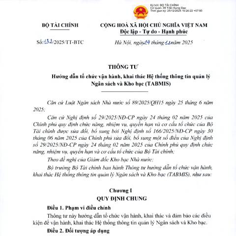 Document preview: Thông tư số 132/2025/TT-BTC của Bộ Tài chính: Hướng dẫn tổ chức vận hành, khai thác Hệ thống thông tin quản lý Ngân sách và Kho bạc (TABMIS) — Thuế / Tax, Việt Nam (CERFA n°132/2025/TT-BTC)