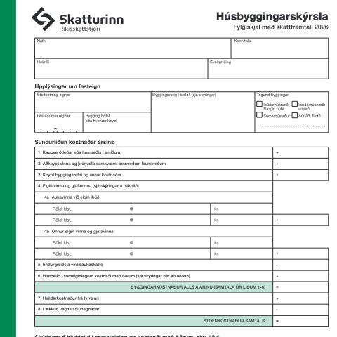 Document preview: Húsbyggingarskýrsla, fylgiskjal með skattframtali 2026. — Einstaklingar, Ísland (CERFA n°RSK 3.03)
