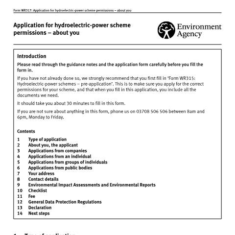 Document preview: Hydroelectric power schemes: application — Environment Agency, United Kingdom