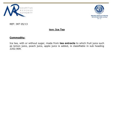 Document preview: Classification of Ice Tea — Document, Mauritius (CERFA n°IceTea)