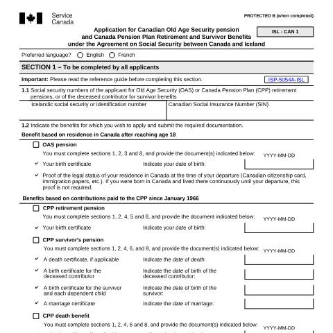 Document preview: Iceland/Canada Agreement - Application for Canadian Old Age, Retirement and Survivors Benefits — Income Security Programs, Canada (CERFA n°ISP5054-ISL)