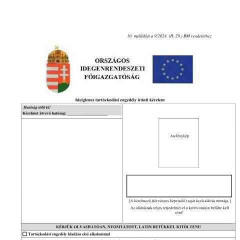 Document preview: 10. Ideiglenes tartózkodási engedély iránti kérelem HU — OIF_BEVANDORLAS, Magyarország